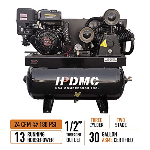 HPDMC 13HP Gas Powered Air Compressor, 3-Cylinder, 30 Gallon Horizontal Tank, Piston Pump Air Compressed System (180 PSI @ 24 CFM) - Thumbnail 2