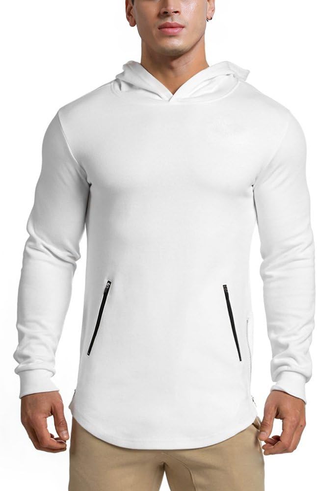 LANGCHEN Men's Gym Workout Hoodie Training Sports Pullover with Zipper Pockets Hoody White Medium