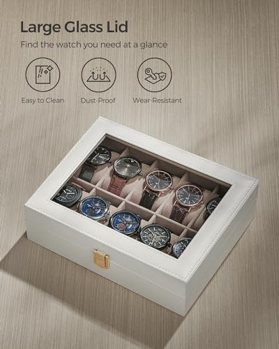Image of SONGMICS Watch Box, 10-Slot Watch Case Organizer with Large Glass Lid, Removable Pillows, Gift for Loved Ones, Cloud White Synthetic Leather, Cappuccino Beige Lining UJWB010W01