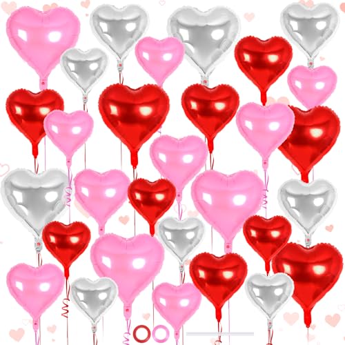 Image of 30 Pcs Red Pink and Silver Heart Balloons, 3 Sizes Heart Foil Mylar Balloon, Valentine Day Party Decorations, Love Balloon Valentine Balloons for Birthday Party Wedding Baby Shower