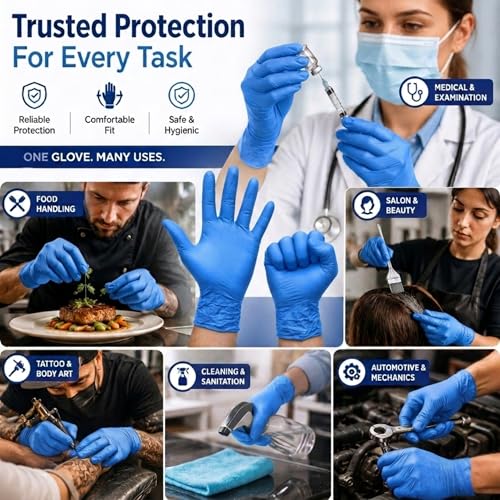 Image of Blue Nitrile Examination Gloves, Powder-Free, Latex-Free, Disposable Medical Gloves, Medium Size, 50 Count | Ideal for Medical, Food Handling, Laboratory, Salon & Cleaning