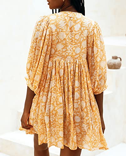 Image of Boho Dresses for Women Floral V Neck Puff SLVS Babydoll Short Beach Dress