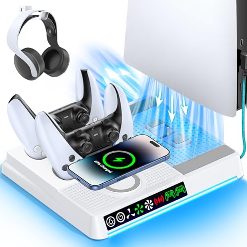 Image of Cooling Station for PS5 /Slim /Pro Disc & Digital Edition, PS5 Stand with Dual Controller Charger & 3-Level Cooling Fan & Cordless Charging, Pa5 Vertical Stand Base with 9 RGB Lights & Headset Holder