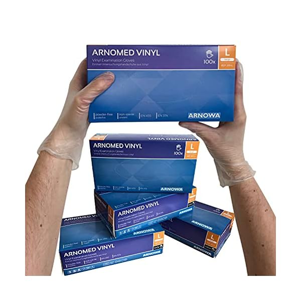 ARNOMED Einweghandschuhe L, Vinyl Handschuhe, Einmalhandschuhe mit 100 StÃ¼ck/Box, Handschuhe Einweg puderfrei, Gummihandschuhe Einweg latexfrei, Einweg Handschuhe, Einmalhandschuhe in S, M, L, XL