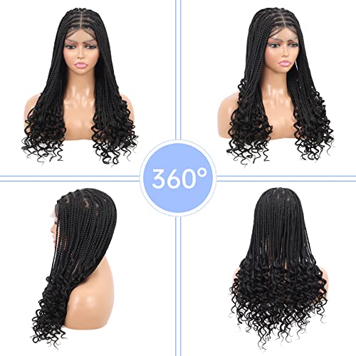 Kalyss 24" Lace Front Square Knotless Box Braided Wigs With Curly Ends For Women Black Synthetic Full Double Lace Frontal Cornrow Braid Wig With Baby Hairs For Black Women #TOP3