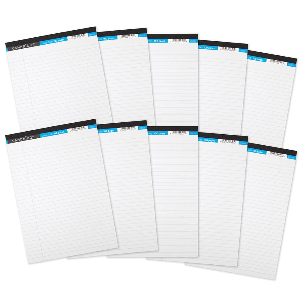Cambridge A4 Legal Pad, Ruled with Margin, White, 100 Page, Pack of 10