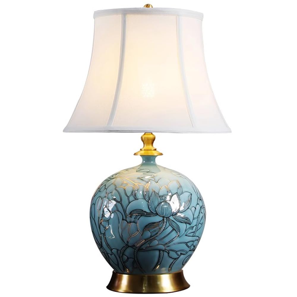 SANBDDLYY 23" Coastal Blue Glazed Ceramic Desk Lamp Fabric Shade - Handcrafted Chinese Design for Bedroom, Living Room, Home Office, and Entryway