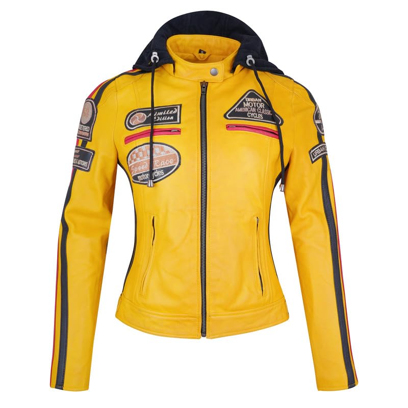 URBAN 5884 58-damska skórzana kurtka motocyklowa, całkowicie zdejmowane ochraniacze, Żółty, 3XL
