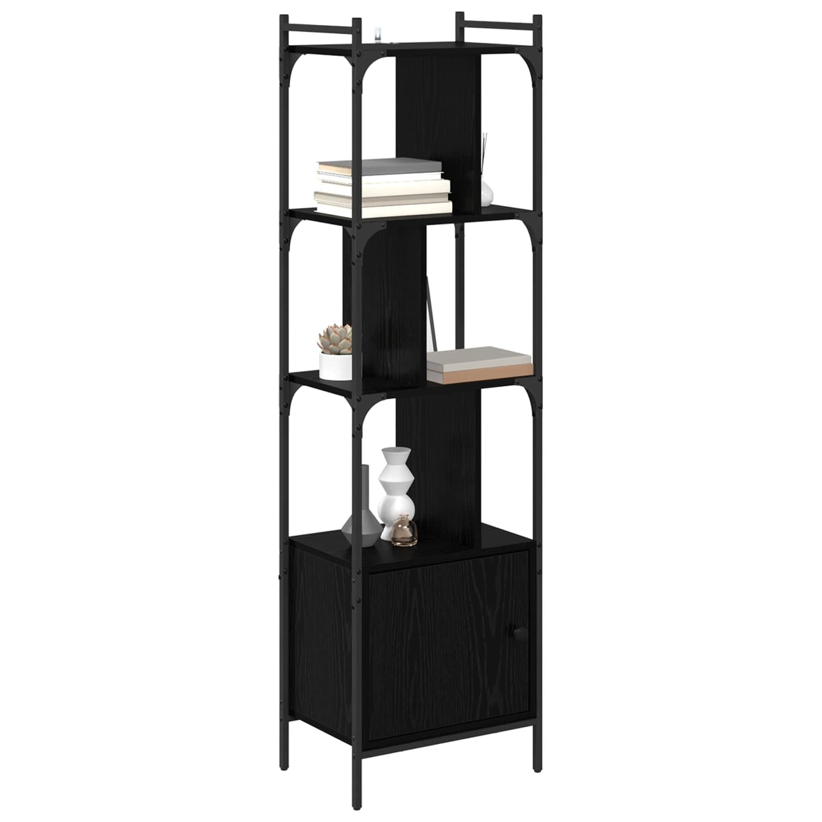 Libreria nera effetto rovere, 44,5 x 30 x 154,5 cm, con 6 ripiani aperti e porta, robusto materiale in legno, versatile, per soggiorno, studio, cameretta dei bambini