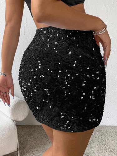WDIRARA Women's Glitter Contrast Sequin Skirt Split Hem Bodycon Short Club Party Skirts2