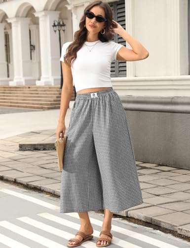Image of TARSE Women Wide Leg Capri Pants Loose Gingham Plaid Culottes Summer Elastic Waist Palazzo Trousers Bottoms with Pockets
