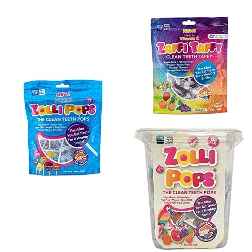 Zollipops - Paquete de viaje tropical por carretera - (2) paquetes de paletas de dientes limpios, (1) paquete Taffy | Variedad de frutas naturales y
