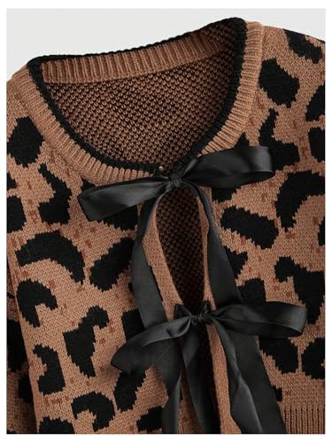 Women's Y2k Cheetah Cardigan Sweater Bow Tie Front Cardigan Leopard Print Crop Sweater Long Sleeve Crew Neck Knit Top4