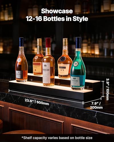 Image of VEVOR LED Lighted Liquor Bottle Display, 2 Tiers 24 inches, Supports USB, Acrylic Illuminated Home Bar Shelf Display with RF Remote & App Control, 9 Static Colors, Timing Mode, for 12-16 Bottles