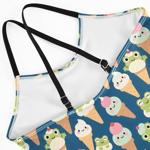senya Girls Swimsuits One-Piece Swimwear Tie Bathing Suit Beach Summer Round Neck 5-6T Ice Cream Frog Pattern4
