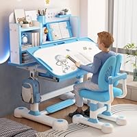 Kids Study Desk with Chair Set, Height Adjustable Children School Study Table Chair Set with with Tilt Desktop, Ergonomic Desk Chair with Book Stand, Foot Pedal, Partition Design (Pink, Blue) Blue
