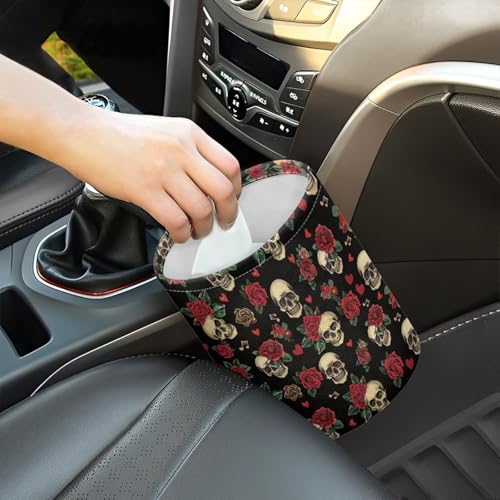 Image of Skull Rose Print Car Trash Can for Car Front Seat, Back Seat, Floor, Headrest, Car Accessories Interior Universal for Car SUV Trucks