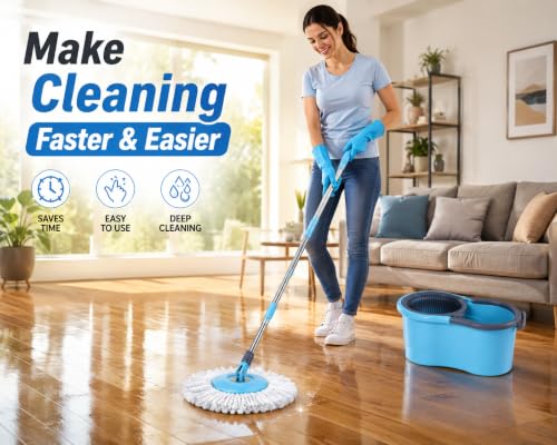 Image of Spin Mop Bucket Set with Adjustable Stainless Steel Handle and 2 Microfiber Refills - Plastic Wringer Basket with Wheels, 360 Degree Rotating Head Floor Cleaning System for Home and Kitchen (Blue)