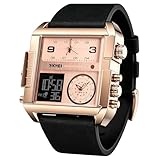 SKMEI メンズ デジタル スポーツウォッチ LED スクエア ラージ フェイス アナログ クォーツ 腕時計 マルチタイムゾーン 防水 ストップウォッチ, ローズゴールドブラック。, 2.17*2*0.59 inch, ファッション。