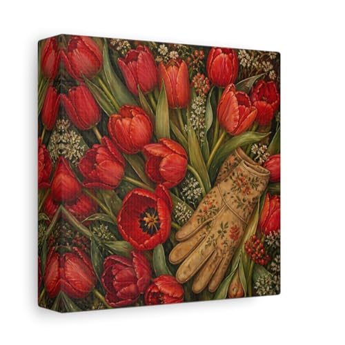 Toile tulipes rouges au-dessus de la cheminée pour une déco de salon cosy