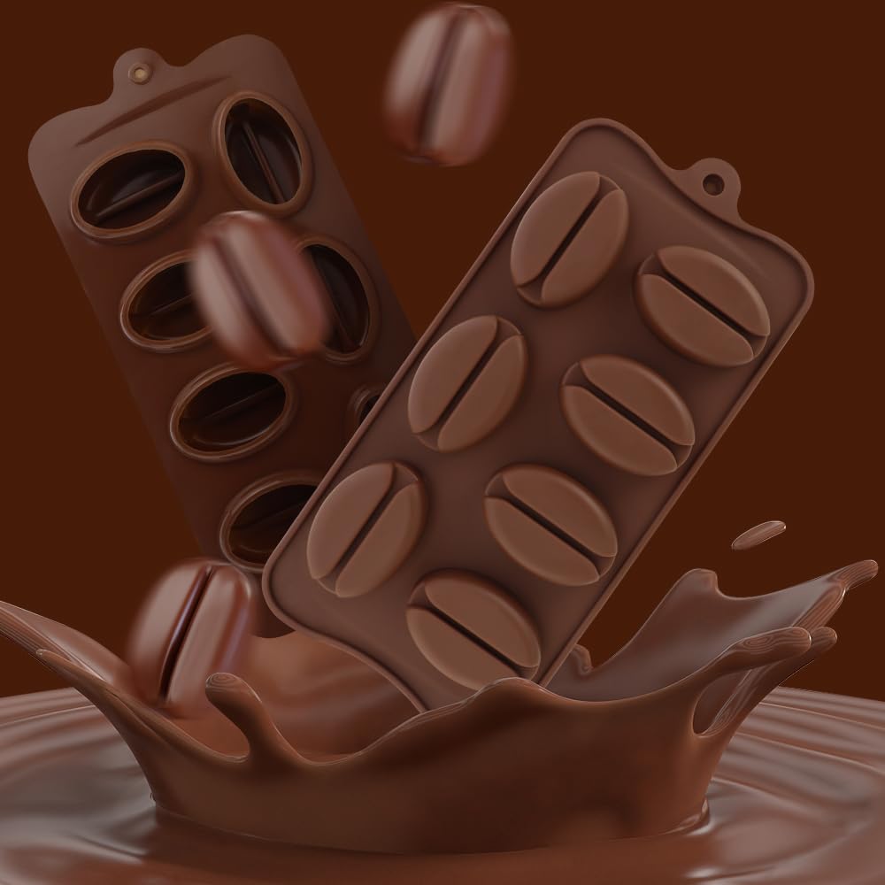 2 Pack Coffee Bean Shape Ice Cube Chocolate Fondant Soap Candle Tray Mold DIY Crafts Coffee Bean Silicone Mousse Cake Milk Chocolate Dessert Molds Silicone