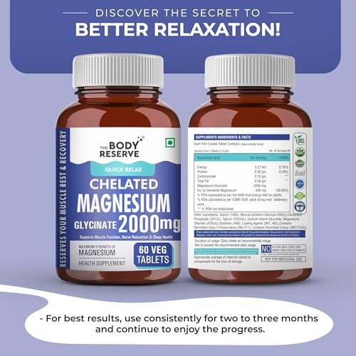 Image of The Body Reserve Magnesium Glycinate Supplement 60 Veg Tablets, 2000mg Per Serving, High Absorption Chelated Form, helpful in Muscle & Nerve Relaxation, Better Sleep Quality for Men & Women