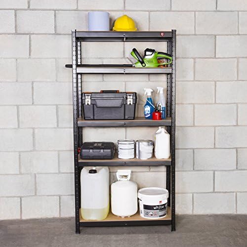 Qualtex Strong Industrial Steel & MDF 5 Tier Black Boltless Heavy Duty Garage Racking Shelving Unit/Racking | 90cm x 40cm x 180cm | 875kg Capacity | 175kg Per Shelf