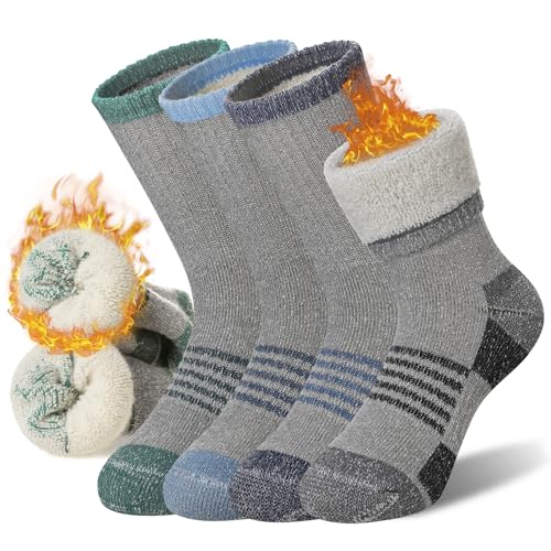 Merino Wool Hiking Socks for Kids Boy Girls Winter Warm Thermal Thick Boot Cozy Cushion Crew Socks(4 Pairs Grey, 8-12 Years)