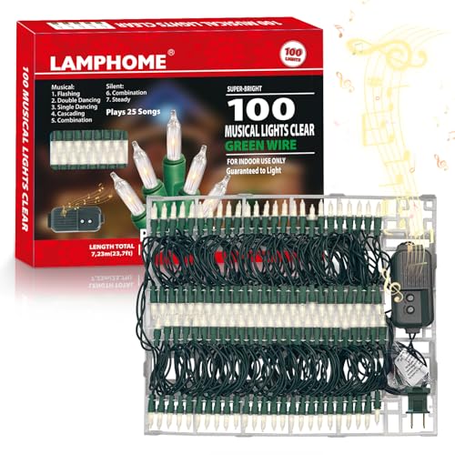 LAMPHOME Musical Christmas Lights,100 Lights 23.7ft Plays 25 Classical Holiday Songs,UL Certified Mini Bulb String Lights for Outdoor Christmas Tree Garden Party Patio Garland Decor (Clear)
