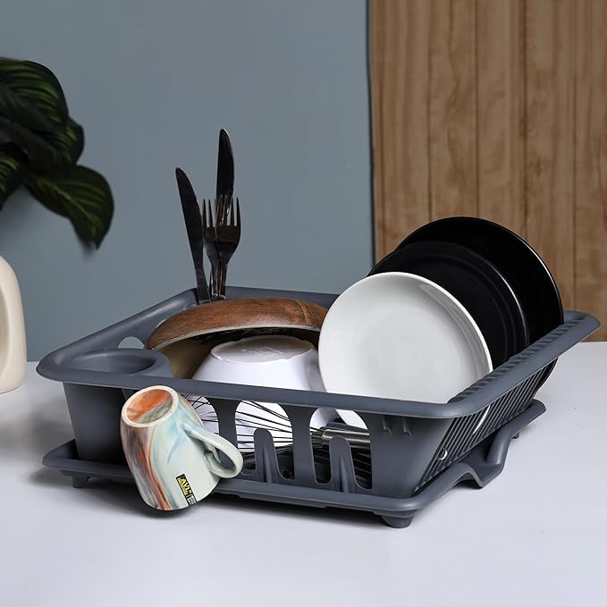 Image of HomeWiz Large Plastic Dish Drying Rack | Rust-Free Utensil Rack with Built-in Drainage | 50 KG + Weight Capacity | Kitchen Rack with Cutlery Holder | BPA-Free Food Grade Plastic | 48x35x13 cm | Grey