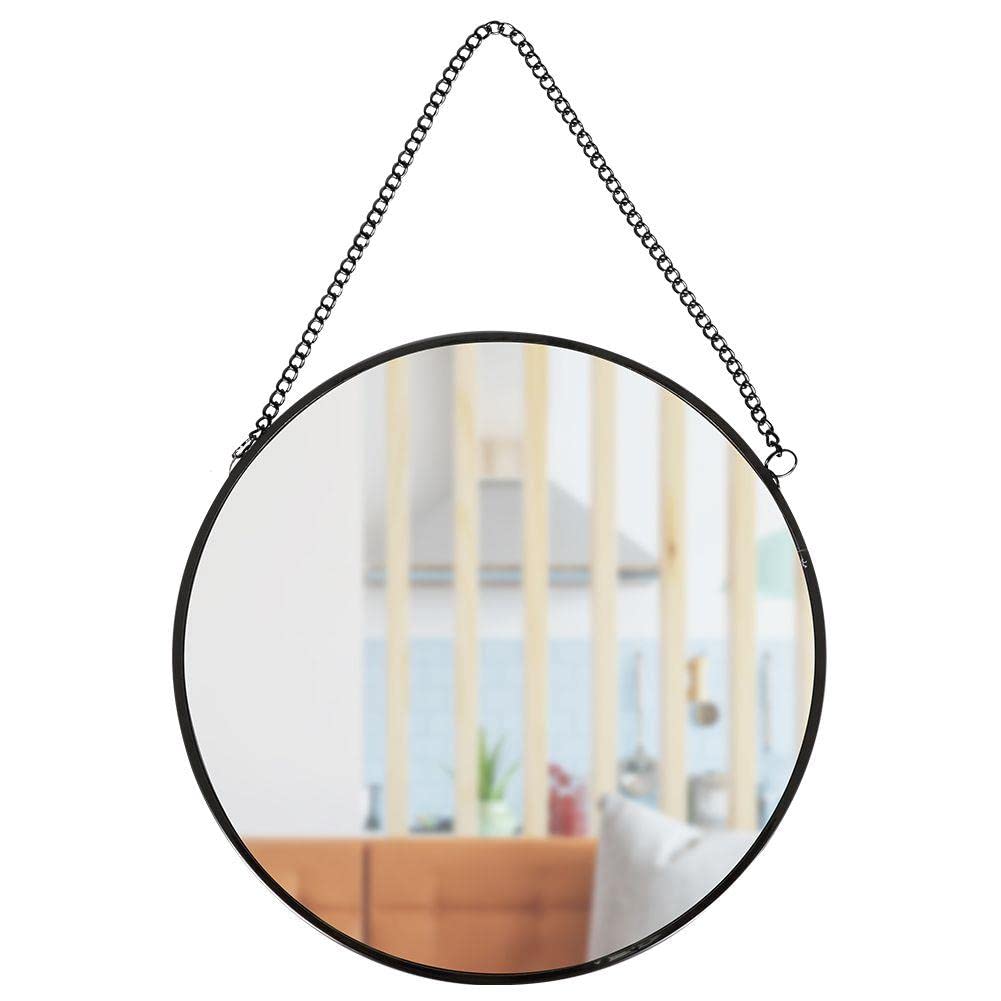 Vilde Espejo de pared colgante con cadena, marco de metal negro, redondo, estilo loft, 20 cm