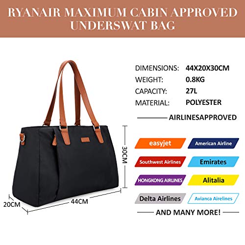 ECOSUSI Weekender Bag Travel Bag 25L Nylon Overnight Duffle Bag Carry On Bags for Airplanes with Trolley Sleeve, Shoe Bag, Wet Pocket Fits for 15.6 inch Laptop, Black