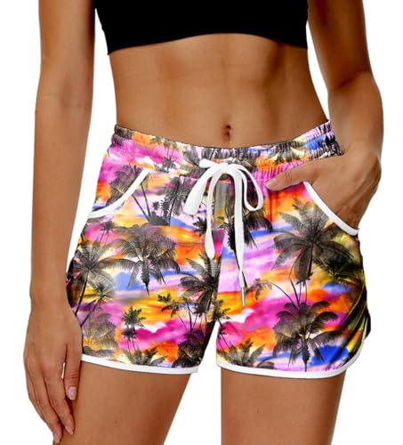 Deerose Women Boardshorts Cover up Elastic Waist Swim Trunk Summer Vacation Coconut Tree Beach Shorts XL