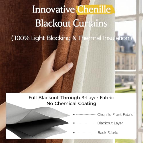 Image of Chenille 100% Blackout Curtains 108 Inches Long for Bedroom, Terracotta