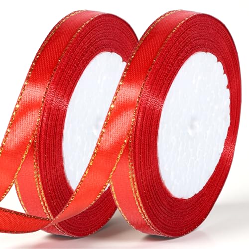 50 Yards Double Faced Satin 3/8 Inch Red Satin Ribbon with Gold Edges Gold Border Fabric Ribbons for Decoration Craft Gift Wrappping Wedding Card Decoration