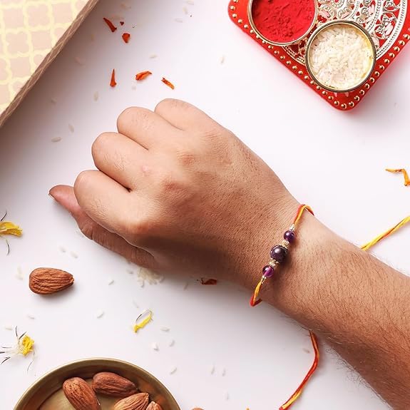 Image of Shubhanjali Crystal Beads Rakhi for Brother | Handmade Healing Crystal Stone Designer Rakhi for Bhaiya | Raksha Bandhan Gift Set with Roli Chawal, Kumkum, Greeting Card & Potli