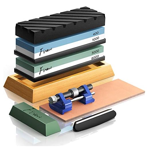 Knife Sharpening Stone Set, Finew Premium 4 Side Grit 400/1000 3000/8000 Water Stones, Non-slip Bamboo Base, Flatting Stone, Angle Guide, Leather Strop, Polishing Compound and Honing Guide