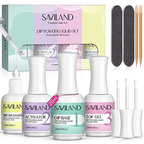 SAVILAND Dip Powder Liquid Set 20 ml/0.68 oz, 12 PCS Nail Dip Liquid Set with Base/Top Coat/Activator/Brush Saver Dipping Powder System Nail Tools for French Nail Art Manicure Nail Salon & Home