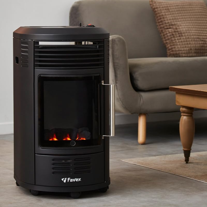 FAVEX - Chauffage d'appoint à gaz Volga - Prêt à l'emploi livré avec tuyau et détendeur - Infrableu effet feu de cheminée - 6 puissances de chauffe Thermostat - Jusqu'à 40 m² - Noir