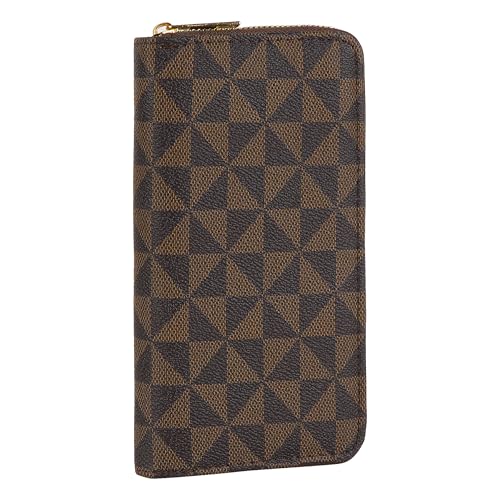 Triangle Print Wallet, Zippered PU Leather Credit Card and Cash Holder, Cellphone Purse, Brown and Coffee Plaid