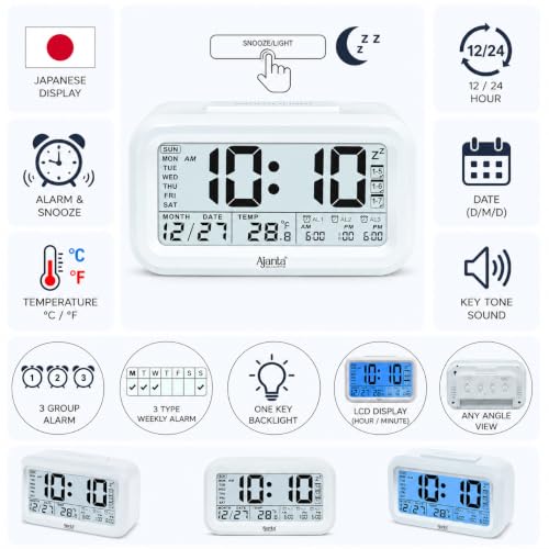 Image of Ajanta Digital Tabel Alarm Clock | Smart Night Light | Temperature Display| Multi-Functional Weekly Alarm Settings | Snooze Digital Backlit Alarm Clock (White) (Black)