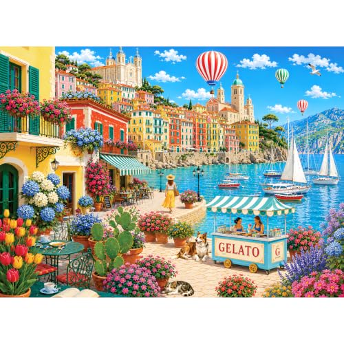 500 Piece Jigsaw Puzzle for Adults, Bright Mediterranean Coastal Town