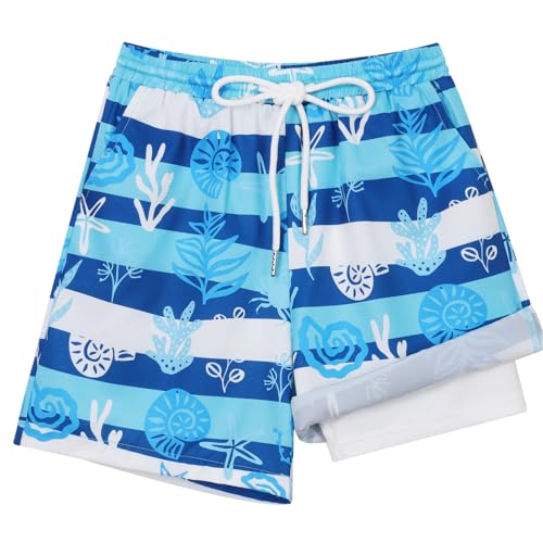 Hotfiary Traje de baño para niños con forro de compresión 2 en 1, pantalones cortos de natación de secado rápido para verano, playa, traje de baño con bolsillos, cintura elástica, antirozaduras, traje