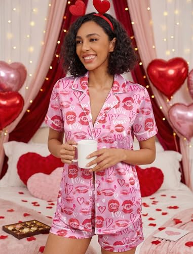 Image of Ekouaer Womens Satin Silk Pajamas Set Short Sleeve Sleepwear Button Down Top and Shorts Loungewear 2 Piece Pjs Set S-XXL Lip Print Heart Large