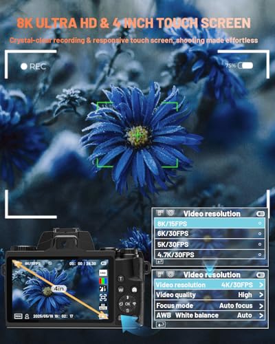 Image of 8K Digital Camera for Beginner, Vloggin Camera for YouTube, Autofocus, WiFi, 4 Inch Touchscreen, 16X Digital Zoom, 3000mAh Battery, Dual-Lens, Lens Hood, 32GB TF Card and Flash,Black