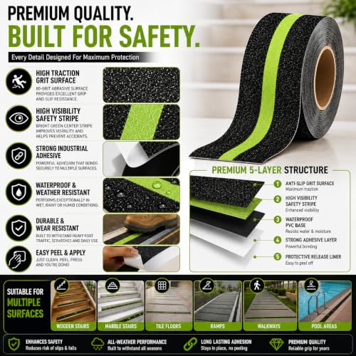 Image of YORWE Anti Slip Stair Tape with Glow in the Dark Strip - Heavy Duty Waterproof Non Slip Traction Tape for Stairs, Steps, Outdoor & Indoor Safety (Black and Green, 15 Meter)
