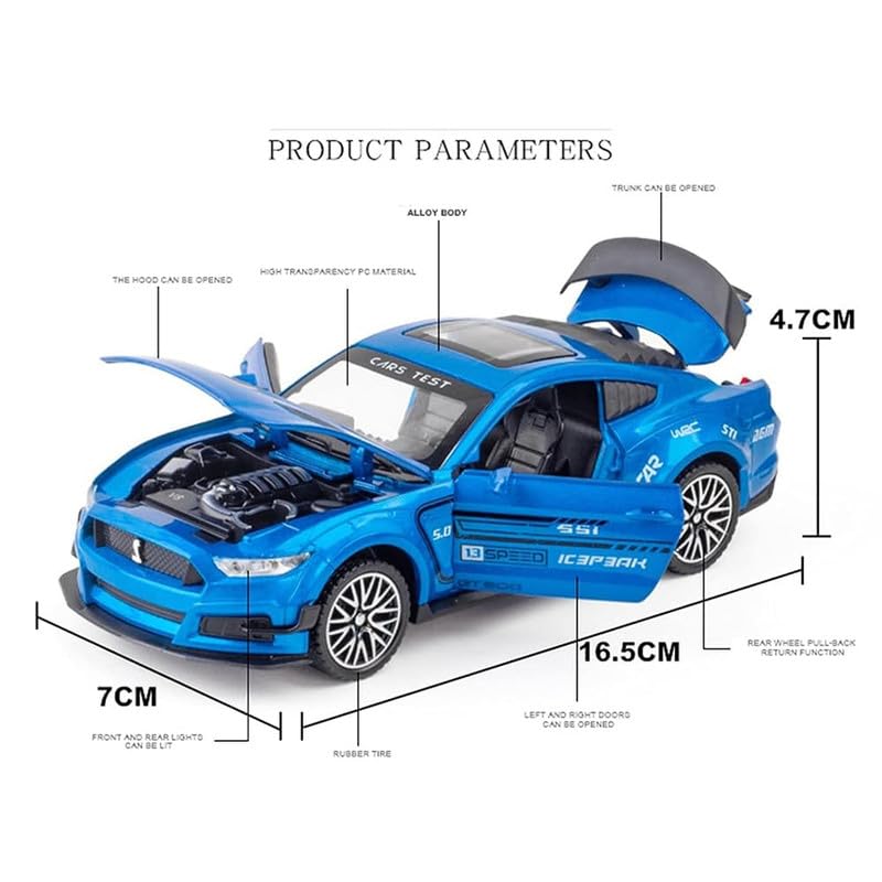 Image of Kids Model 1:32 Mastang Die Cast Metal Car Pull Back Action Opening Doors with Realistic Engine Sound Lights Toy Car Gift for Boys - Multi