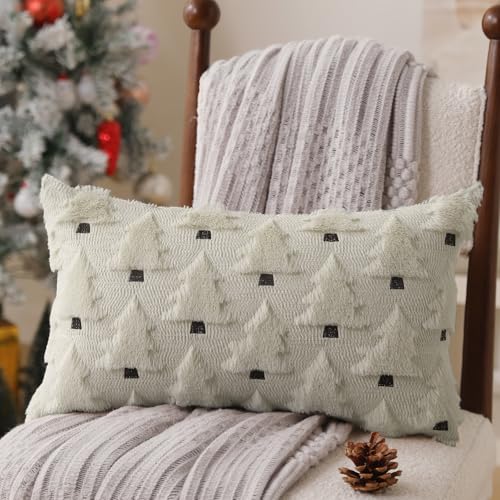 Image of Allorry Christmas Pillow Covers 12x20 inch Set of 2 Christmas Decorations Soft Plush Faux Fur Wool Cream White Christmas Tree Throw Pillow Cases Winter Holiday Decor for Sofa Living Room PT-002D12