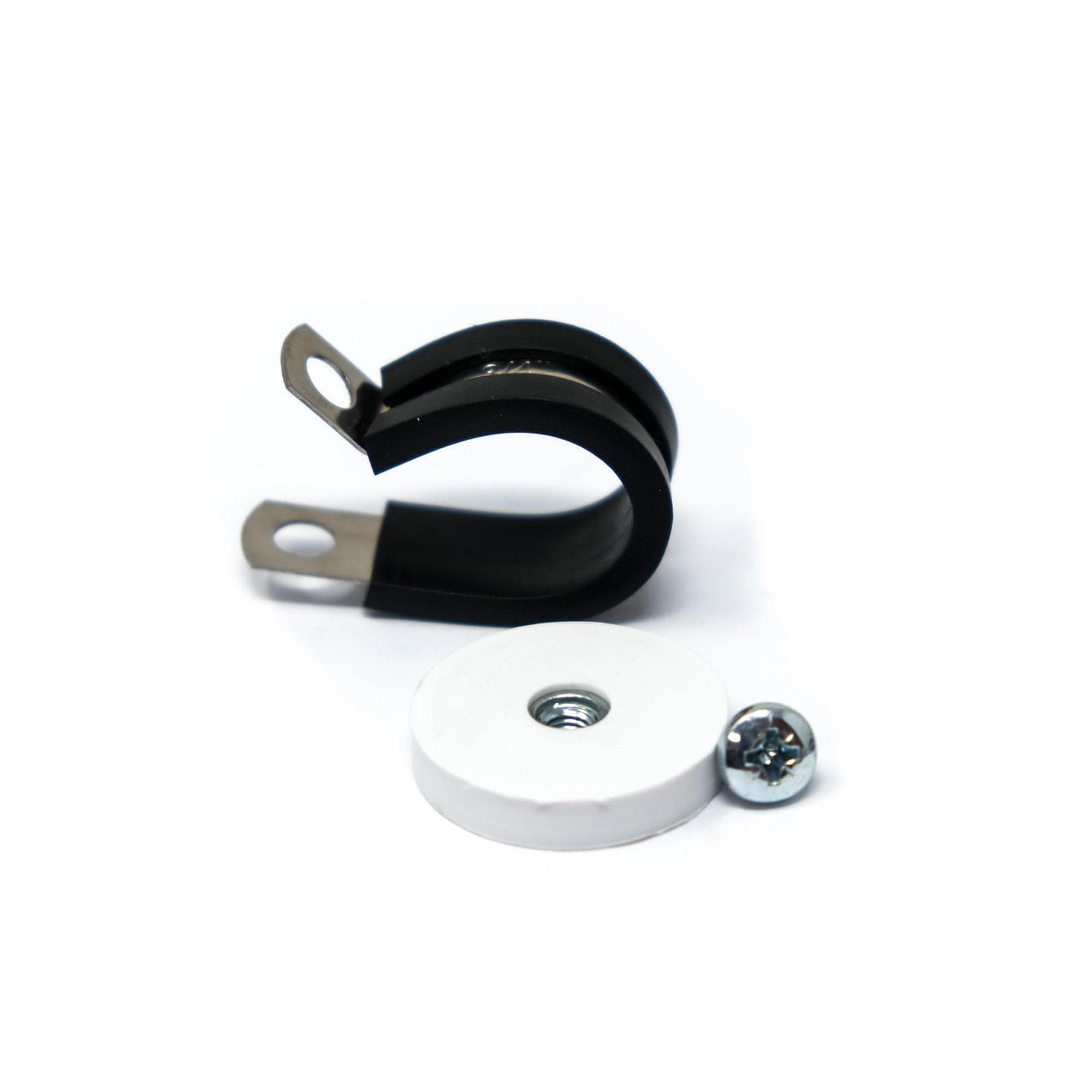 Imán de sujeción de cable recubierto de goma de 31 mm de diámetro x 6 mm de alto con abrazadera de goma de 19 mm (blanco) – 5,7 kg de fuerza (paquete de 40)