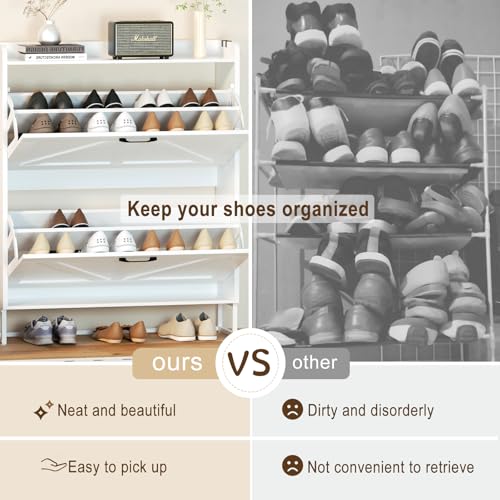 EOYUTLLY White Slim Flip Drawer Shoe Cabinet, Freestanding Hidden Shoe Storage Organizer with Open Top Shelf & Side Hooks, Farmhouse Narrow Shoe Rack for Entryway Hallway Bedroom — view 6